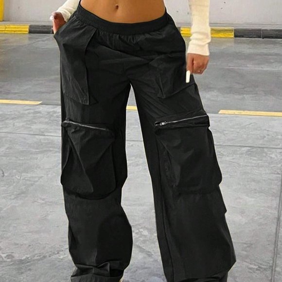 . Pants - Black Casual Womens Solid Zipper Detail Flap Pocket Cargo Pants